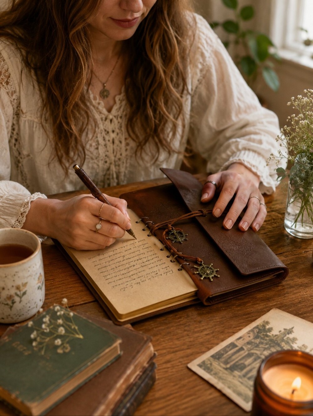 Brown Leather Journal with Nautical Charm Wrap Closure - Picture 1 of 4